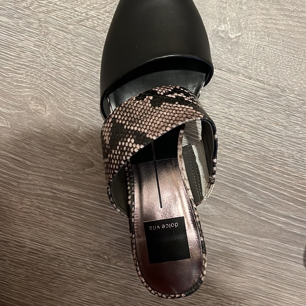 Dolce Vita Black Pointed Mule Heels with Snake-Print Strap - Picture 3 of 3